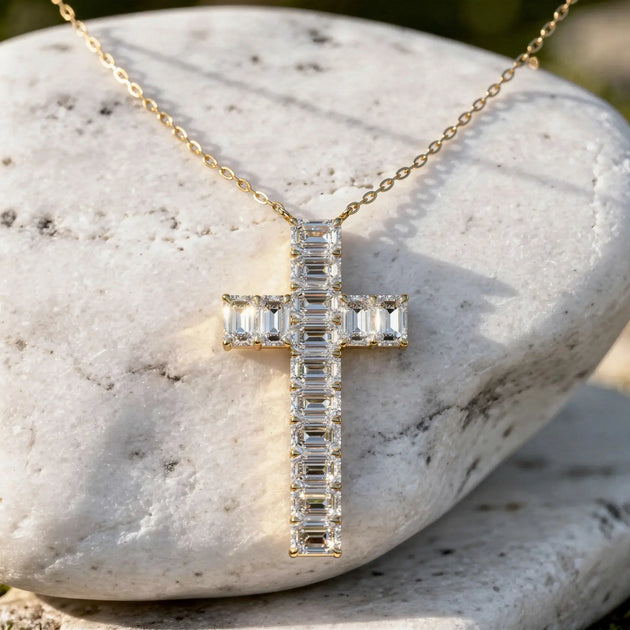 Front-view: Emerald Cut Diamond Cross with Pave Setting in 14k Yellow Gold - Lab Grown - Driona Jewels