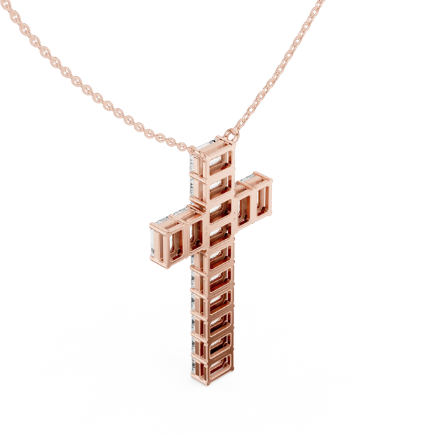 Three-quarter-view: Square Diamond Cross with Prong Setting in 14k Rose Gold - Lab Grown - Driona Jewels