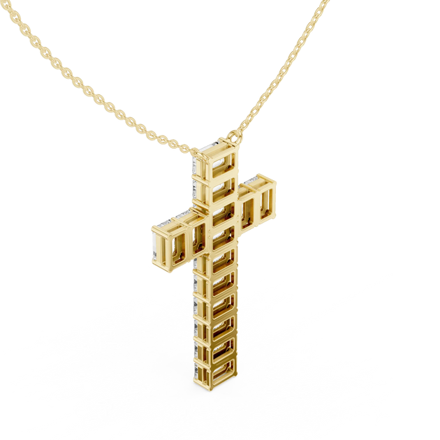Three-quarter-view: Square Diamond Cross with Prong Setting in 14k Yellow Gold - Lab Grown - Driona Jewels