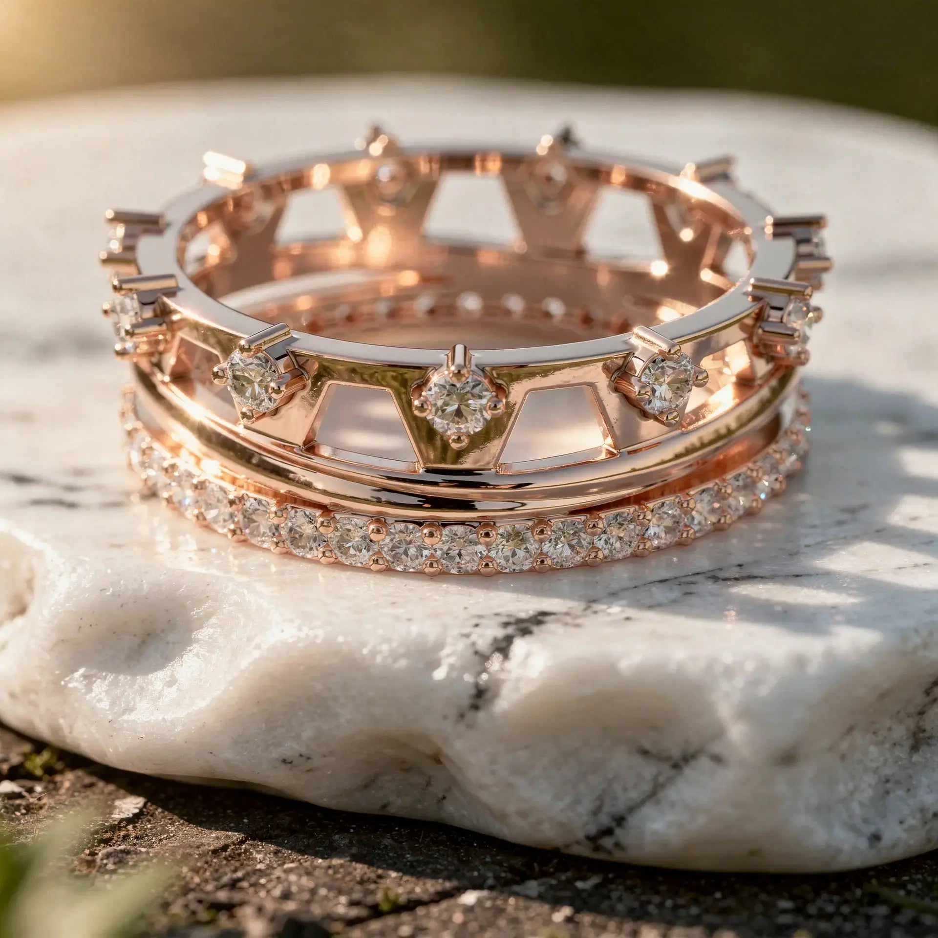 Close-up: Round Diamond Crown with Pave Setting in 14k Rose Gold - Lab Grown - Driona Jewels