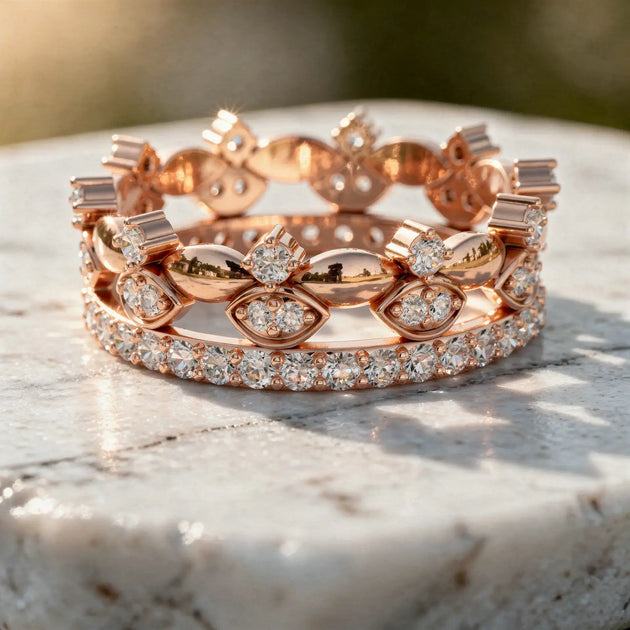 Close-up: Round Diamond Crown with Pave Setting in 14k Rose Gold - Lab Grown - Driona Jewels