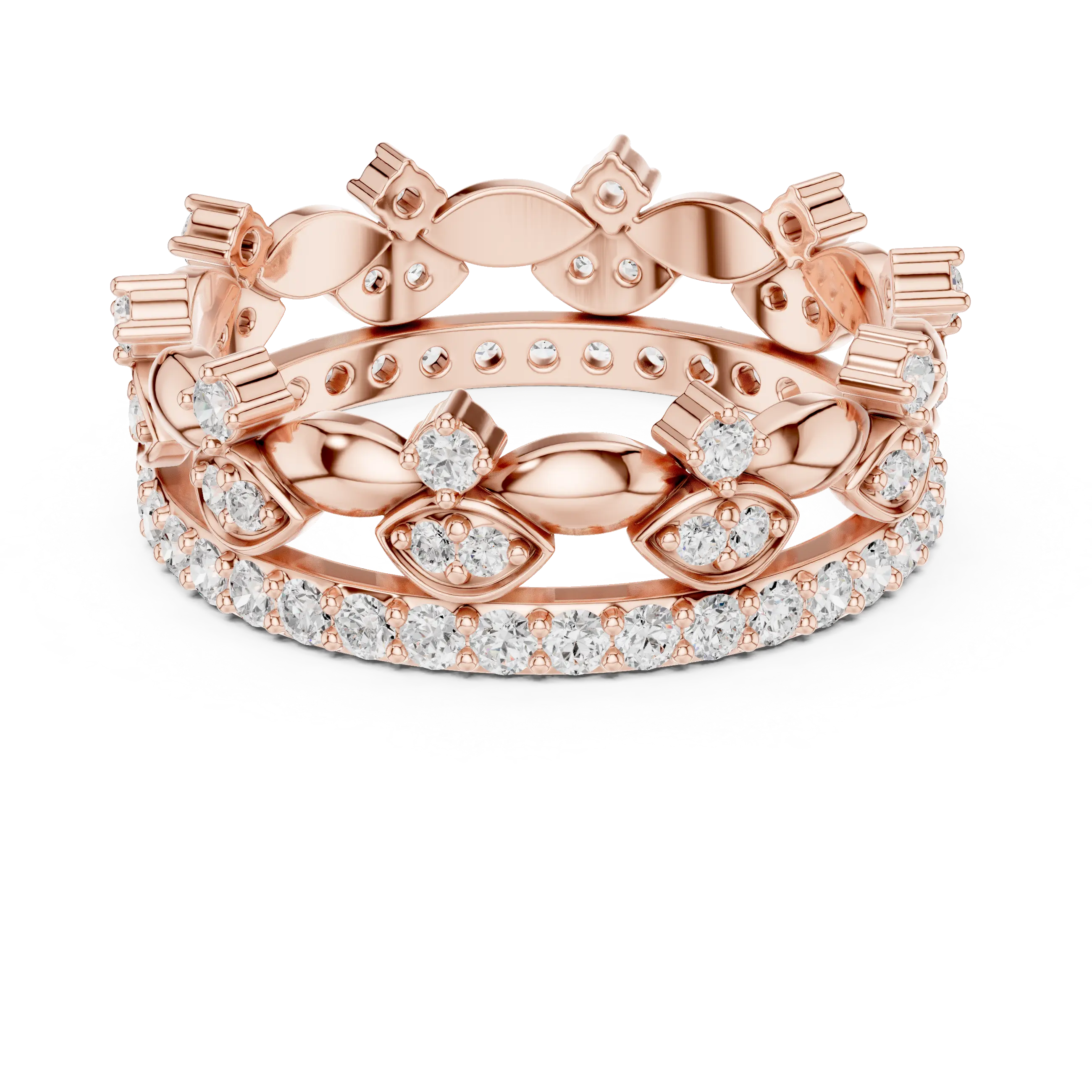 Flat-Lay: Round Diamond Crown with Pave Setting in 14k Rose Gold - Lab Grown - Driona Jewels