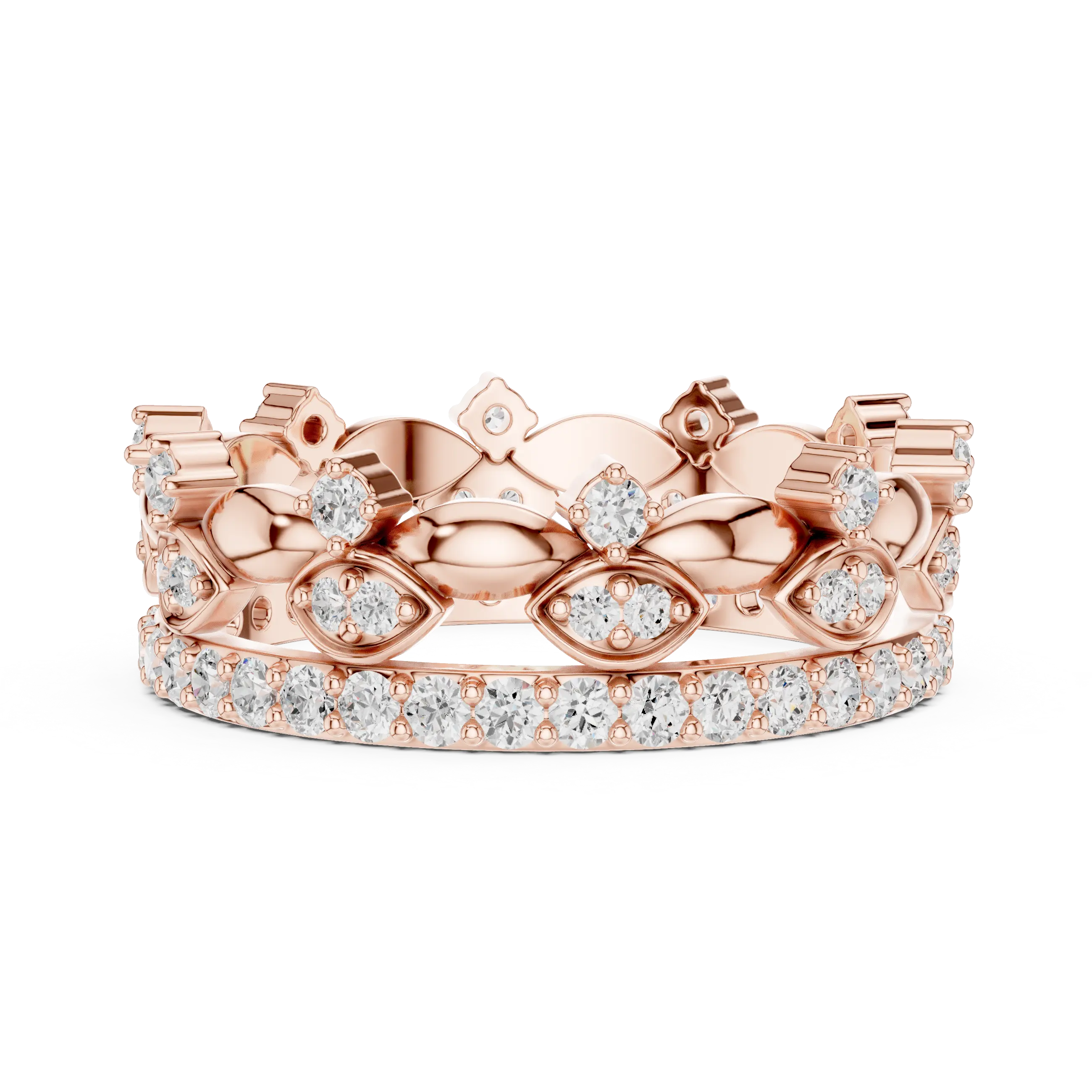 Front-View: Round Diamond Crown with Pave Setting in 14k Rose Gold - Lab Grown - Driona Jewels