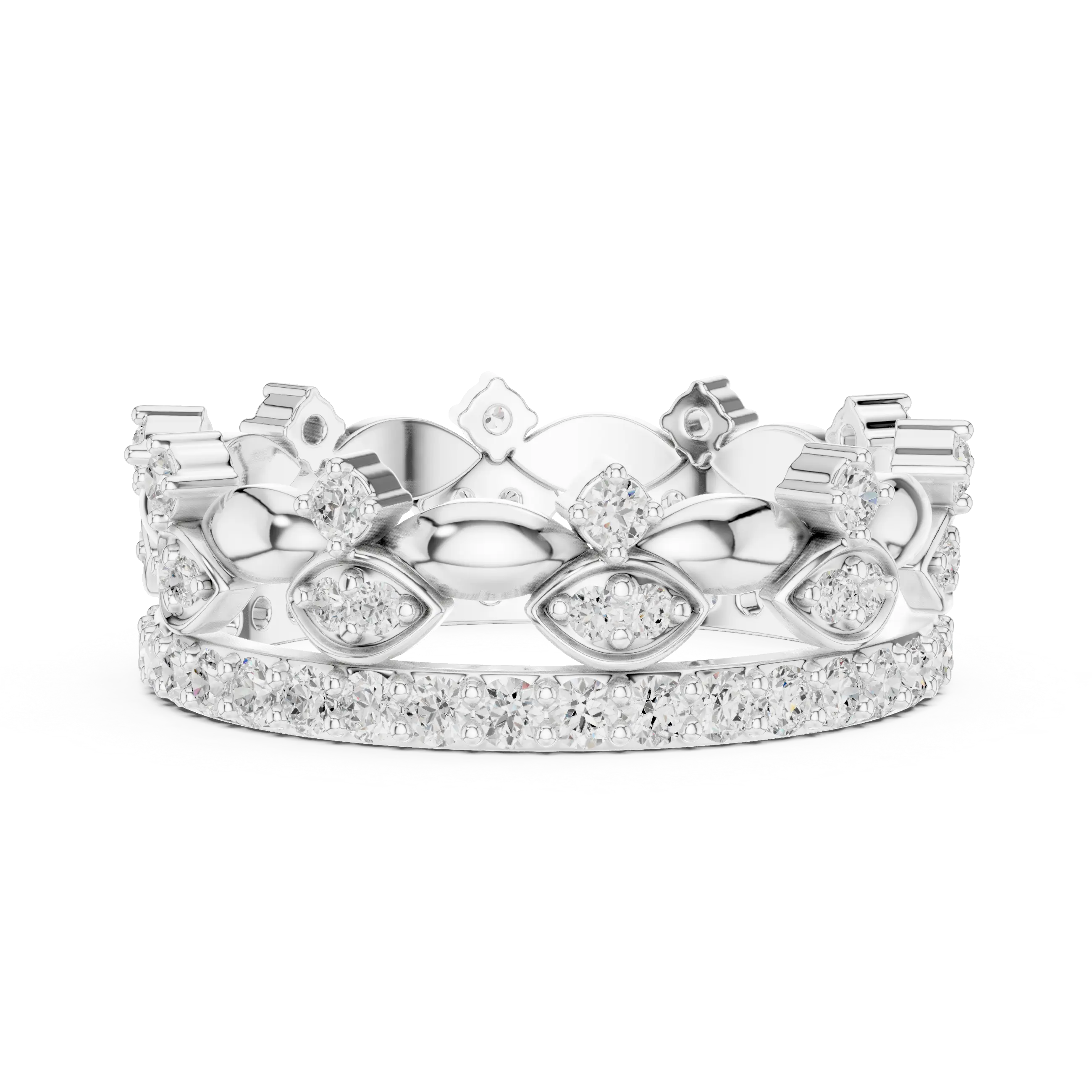 Front-View: Round Diamond Crown with Pave Setting in 14k White Gold - Lab Grown - Driona Jewels
