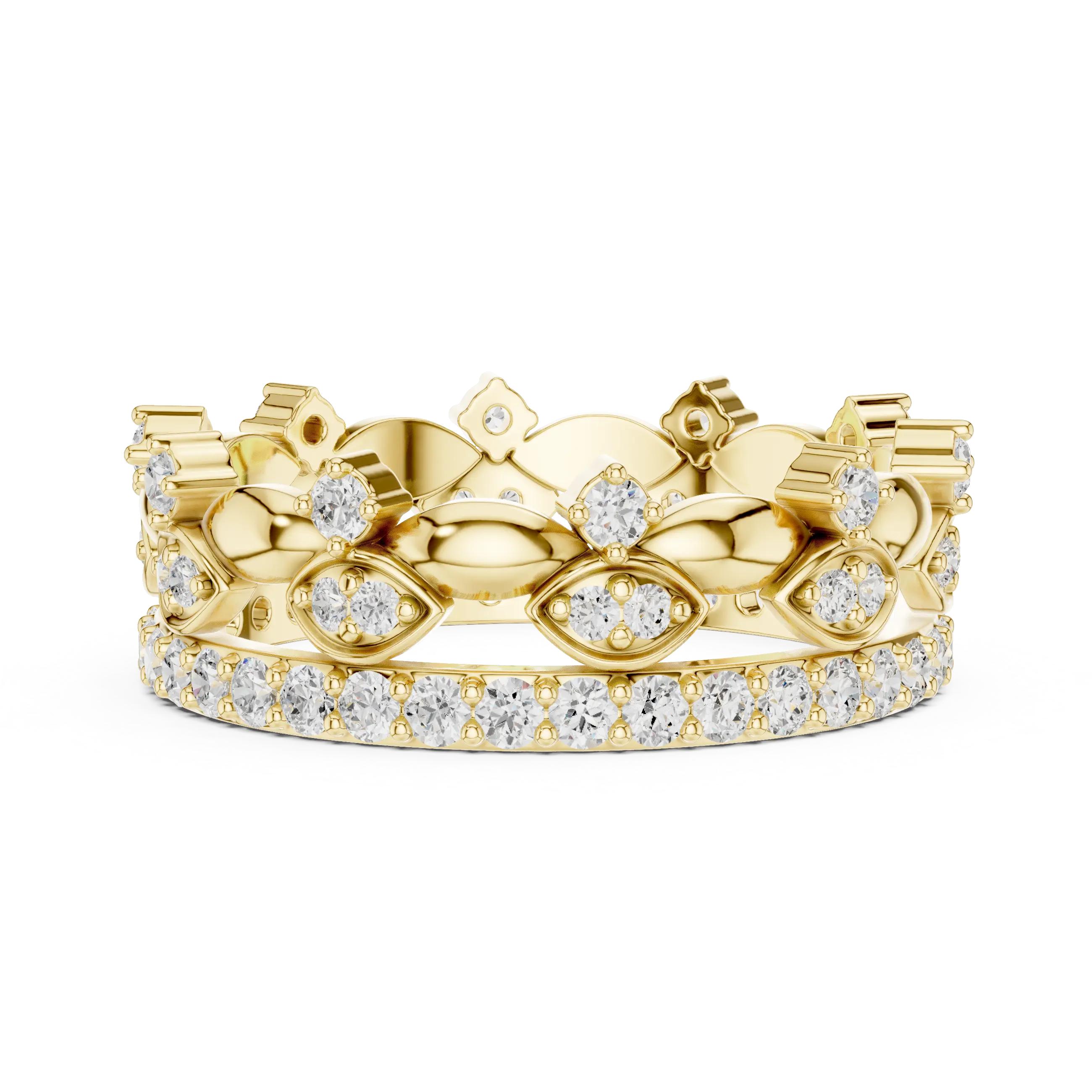 Front-View: Round Diamond Crown with Pave Setting in 14k Yellow Gold - Lab Grown - Driona Jewels