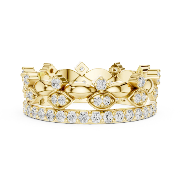 Front-View: Round Diamond Crown with Pave Setting in 14k Yellow Gold - Lab Grown - Driona Jewels
