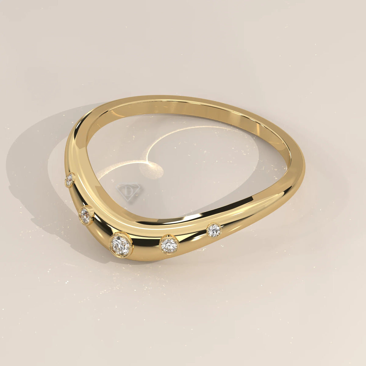 Curved Chevron Band with Five Graduated Bezel Diamonds in yellow gold, shown at an angle.