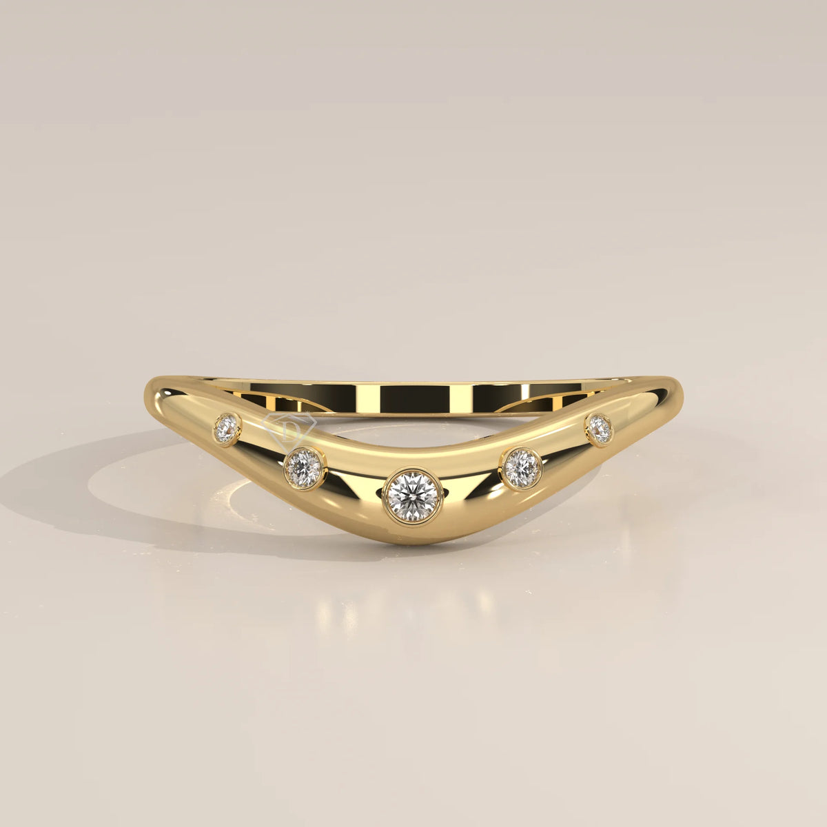 Curved Chevron Band with Five Graduated Bezel Diamonds in yellow gold, photographed head-on.
