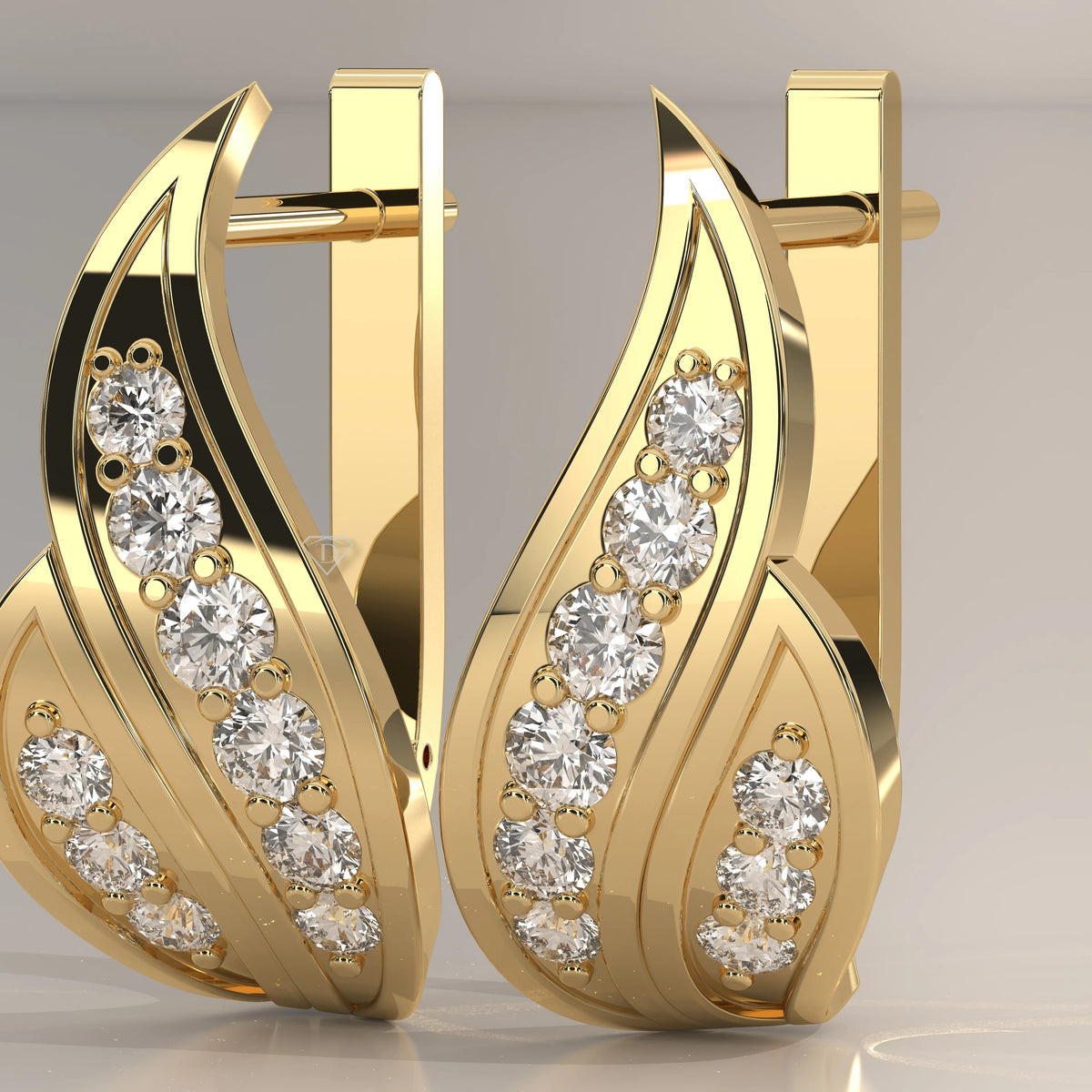 Curved Leaf Lab Grown Diamond Earrings with Latch Back Closure in yellow gold, front view on a plain background.