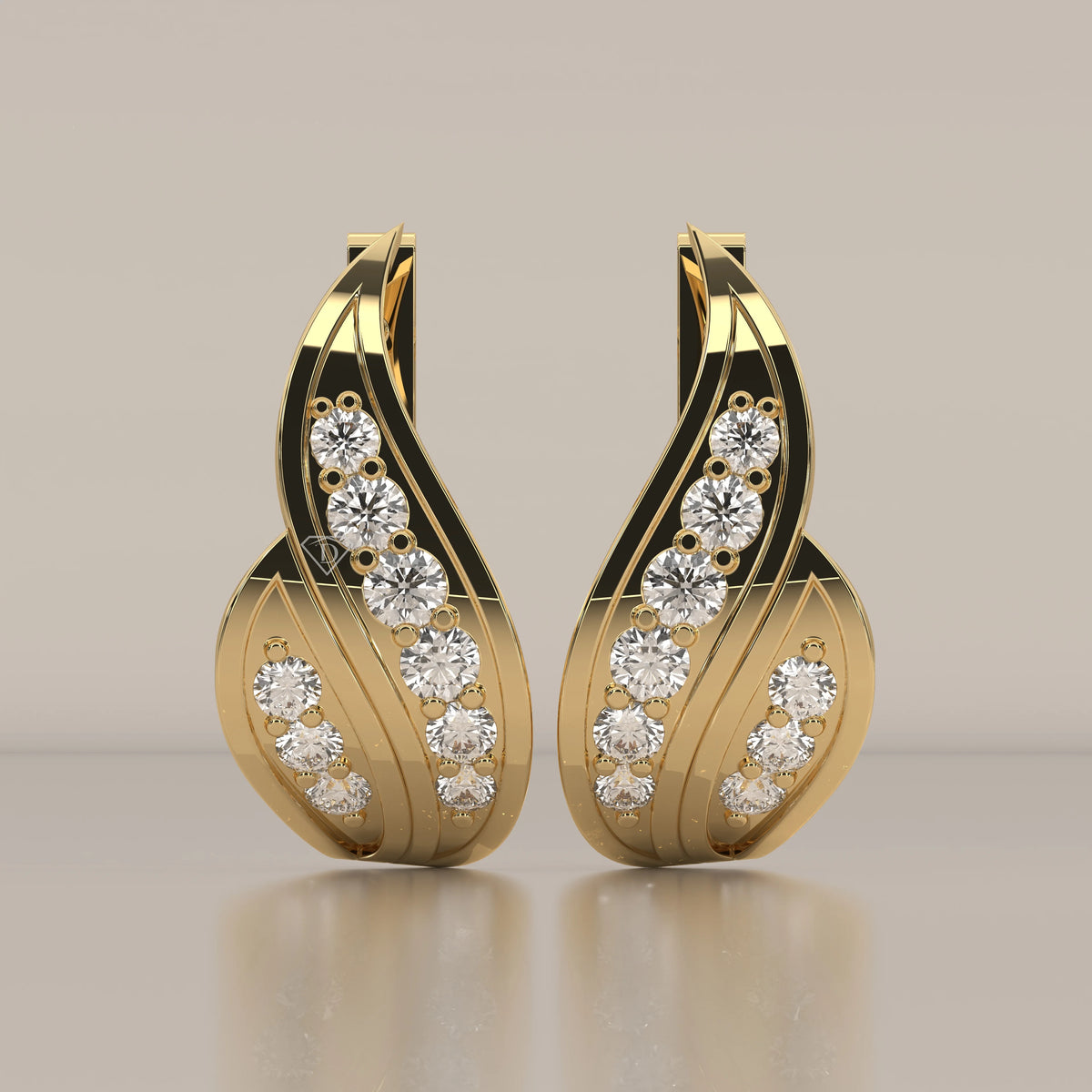Curved Leaf Lab Grown Diamond Earrings with Latch Back Closure in yellow gold, shown from the front.