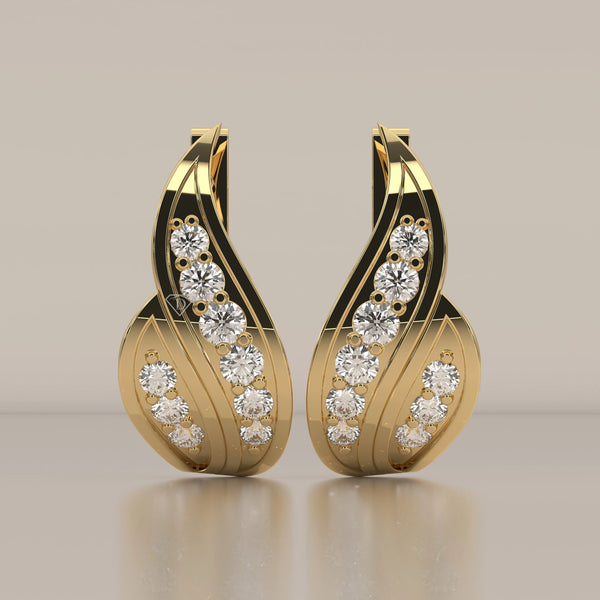 Curved Leaf Lab Grown Diamond Earrings with Latch Back Closure in yellow gold, shown from the front.