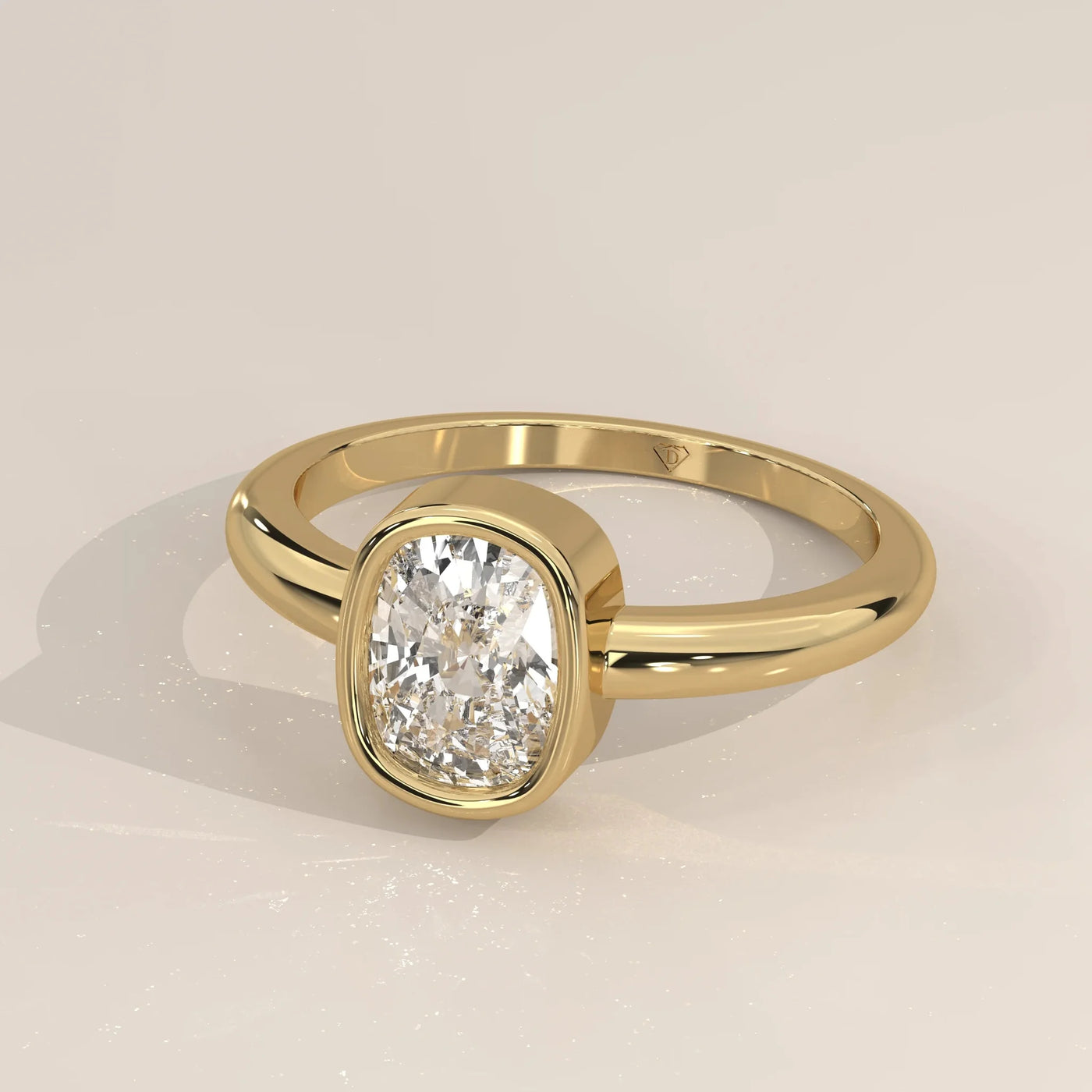 Angle View: Cushion Diamond Ring with Bezel Setting in Yellow Gold – Lab Grown – Driona Jewels