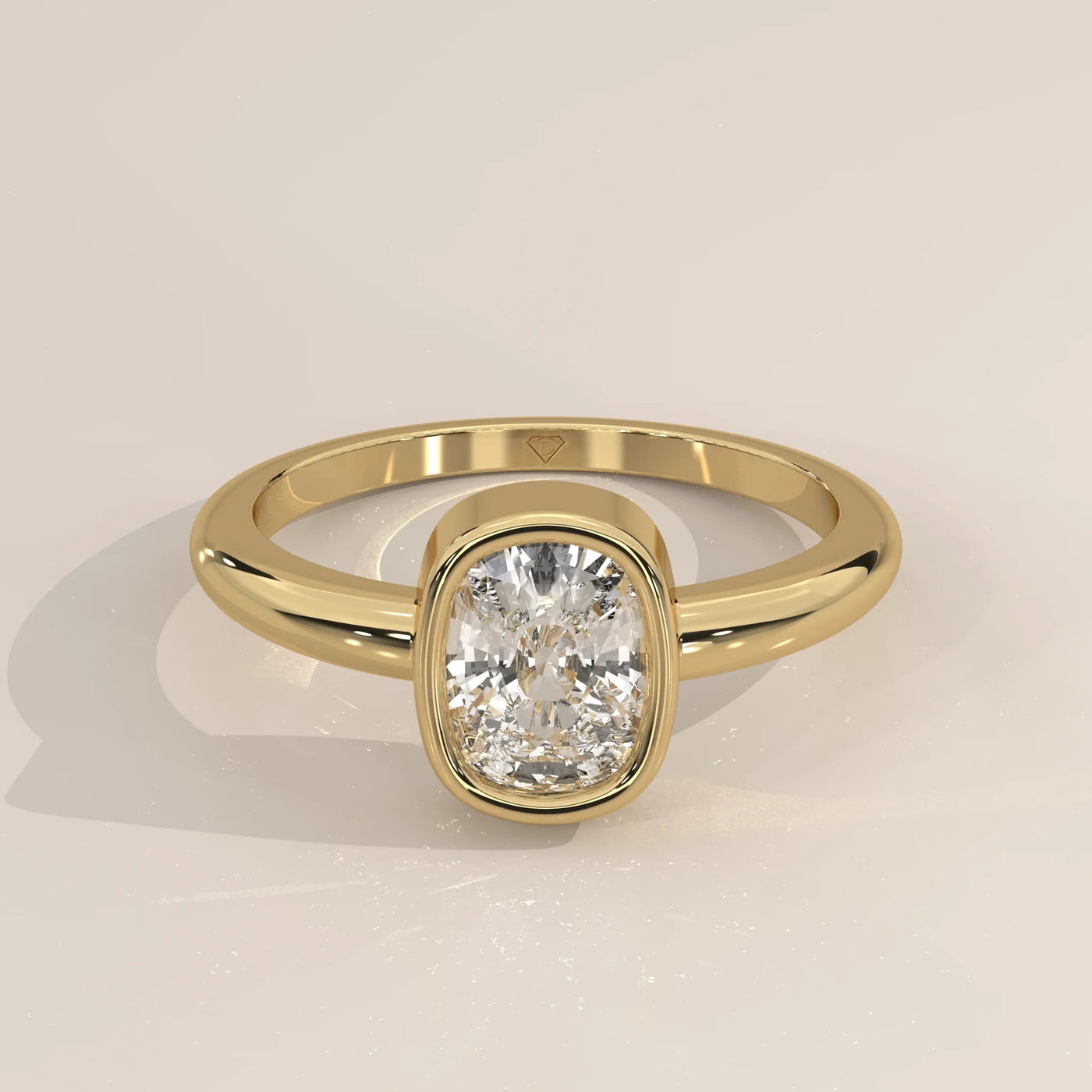 Front View: Cushion Diamond Ring with Bezel Setting in Yellow Gold – Lab Grown – Driona Jewels