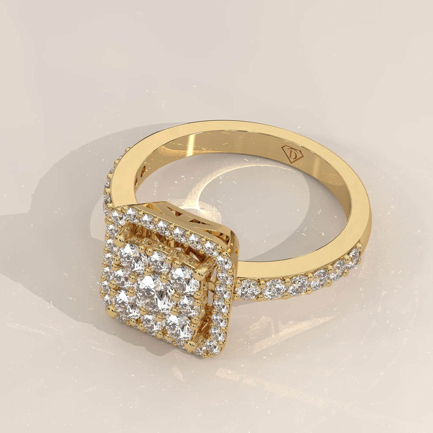 Angle View: Cushion Diamond Engagement Ring with Cluster Setting in Yellow Gold – Lab Grown – Driona Jewels