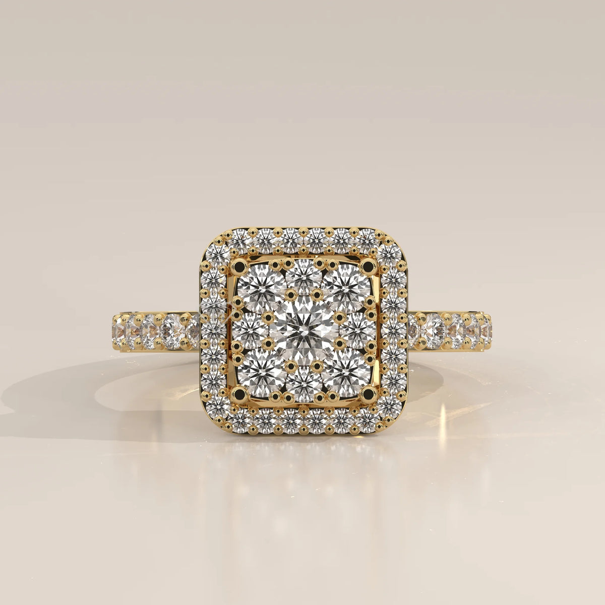 Side Profile: Cushion Diamond Engagement Ring with Cluster Setting in Yellow Gold – Lab Grown – Driona Jewels