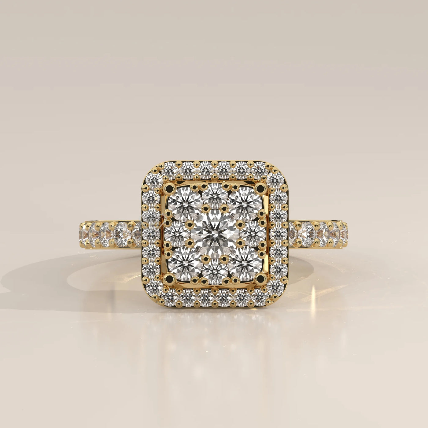 Side Profile: Cushion Diamond Engagement Ring with Cluster Setting in Yellow Gold – Lab Grown – Driona Jewels