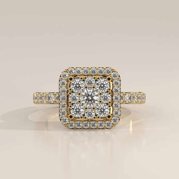 Side Profile: Cushion Diamond Engagement Ring with Cluster Setting in Yellow Gold – Lab Grown – Driona Jewels