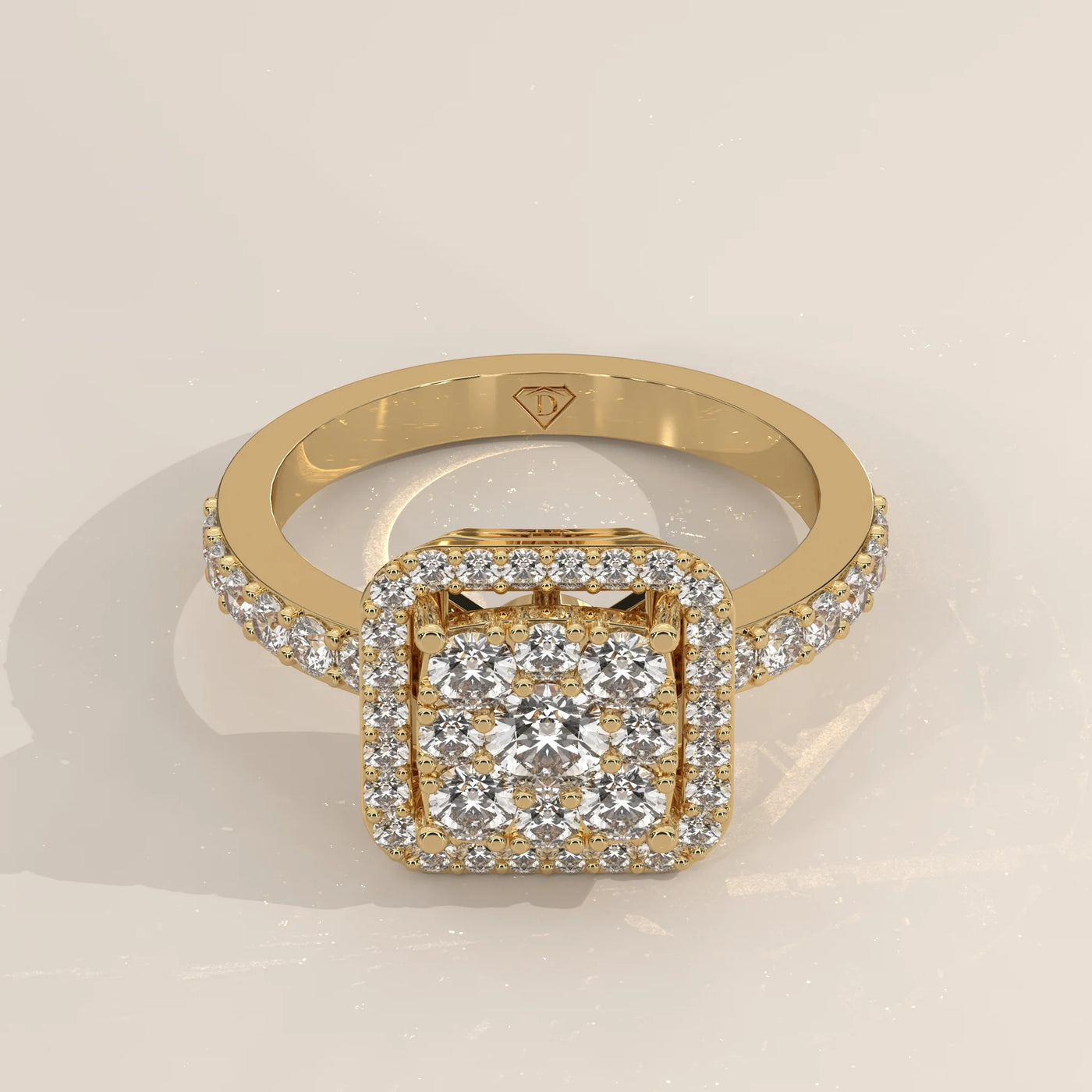 Three-Quarter View: Cushion Diamond Engagement Ring with Cluster Setting in Yellow Gold – Lab Grown – Driona Jewels