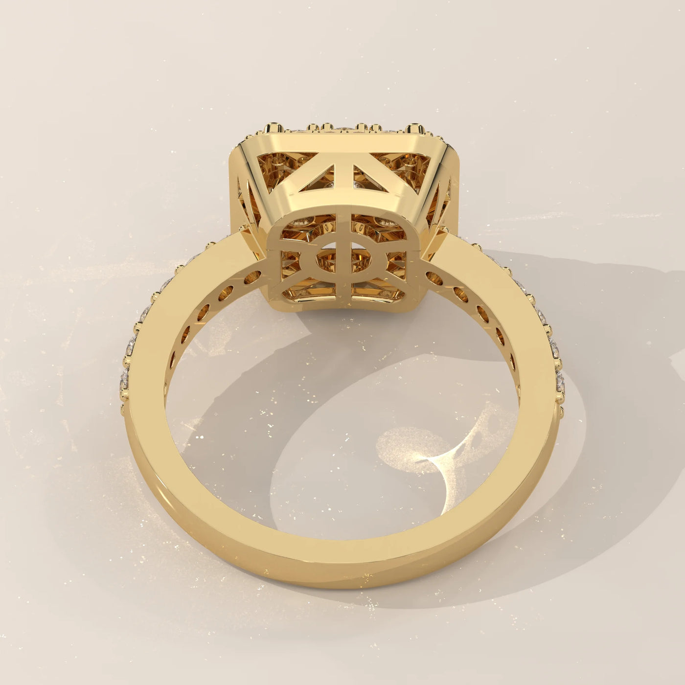 Top View: Cushion Diamond Engagement Ring with Cluster Setting in Yellow Gold – Lab Grown – Driona Jewels