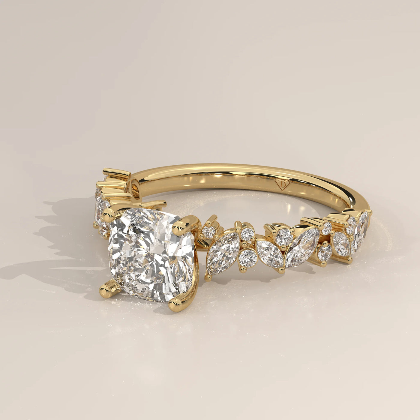 Angle View: Cushion Diamond Engagement Ring with Cluster Setting in Yellow Gold – Lab Grown – Driona Jewels