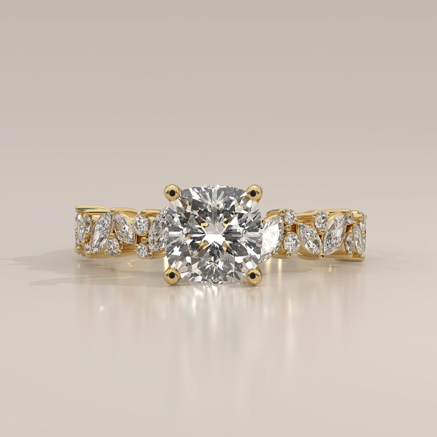 Side Profile: Cushion Diamond Engagement Ring with Cluster Setting in Yellow Gold – Lab Grown – Driona Jewels