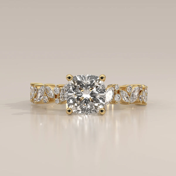 Side Profile: Cushion Diamond Engagement Ring with Cluster Setting in Yellow Gold – Lab Grown – Driona Jewels