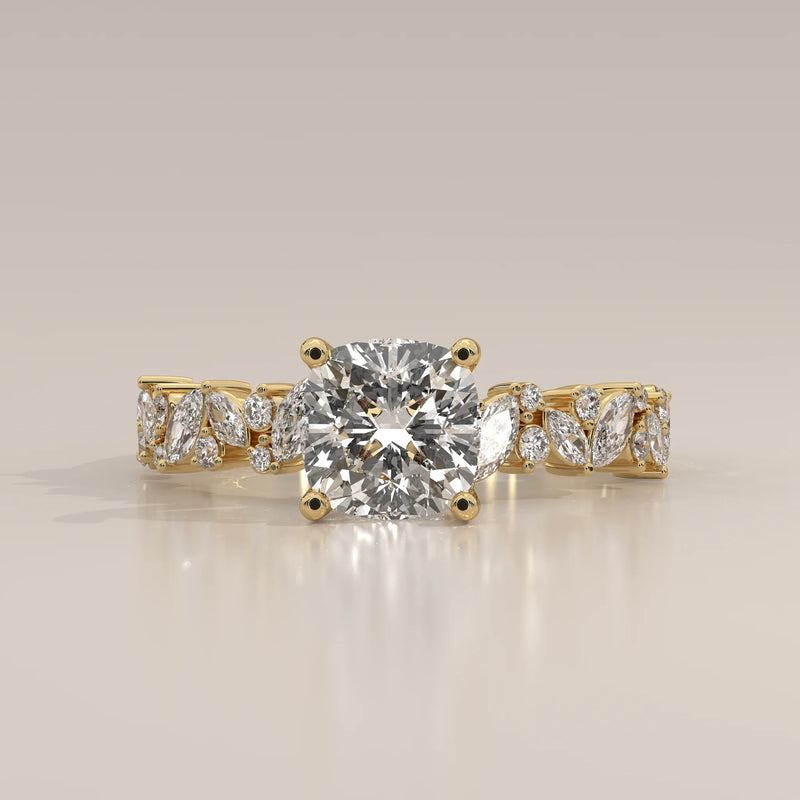 Side Profile: Cushion Diamond Engagement Ring with Cluster Setting in Yellow Gold – Lab Grown – Driona Jewels