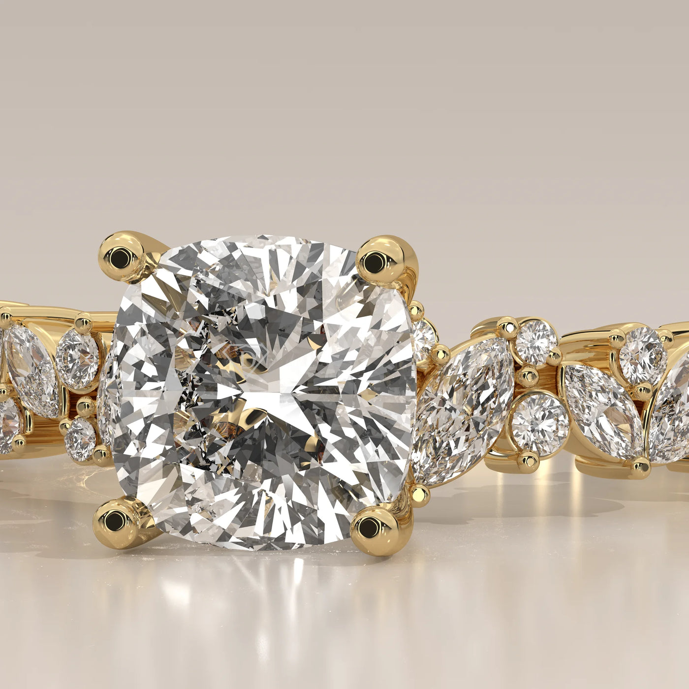 Stone Detail: Cushion Lab Grown Diamonds in Cluster Setting – Yellow Gold – Driona Jewels