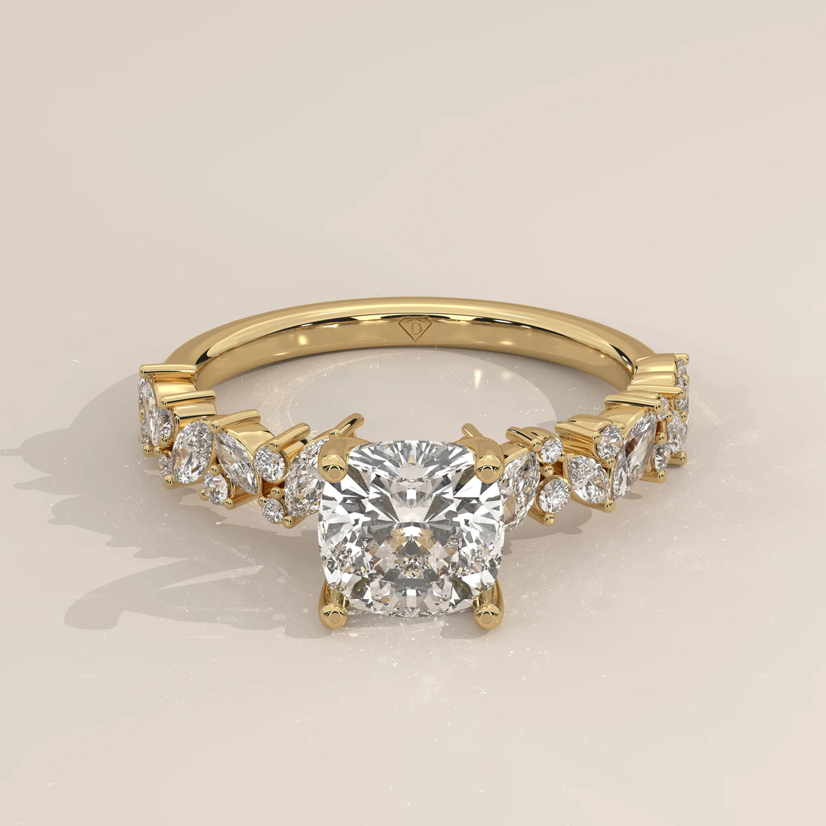 Three-Quarter View: Cushion Diamond Engagement Ring with Cluster Setting in Yellow Gold – Lab Grown – Driona Jewels
