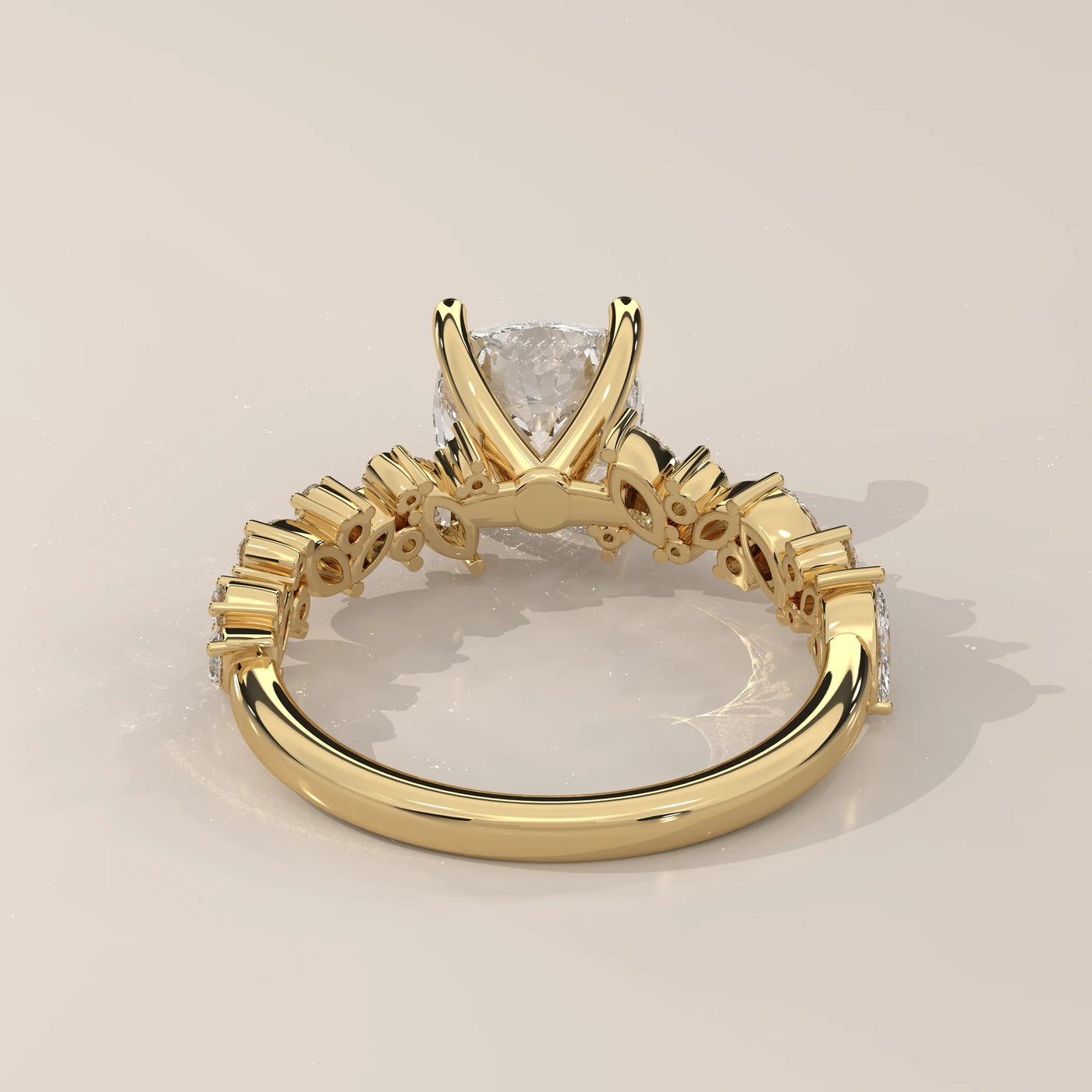 Top View: Cushion Diamond Engagement Ring with Cluster Setting in Yellow Gold – Lab Grown – Driona Jewels