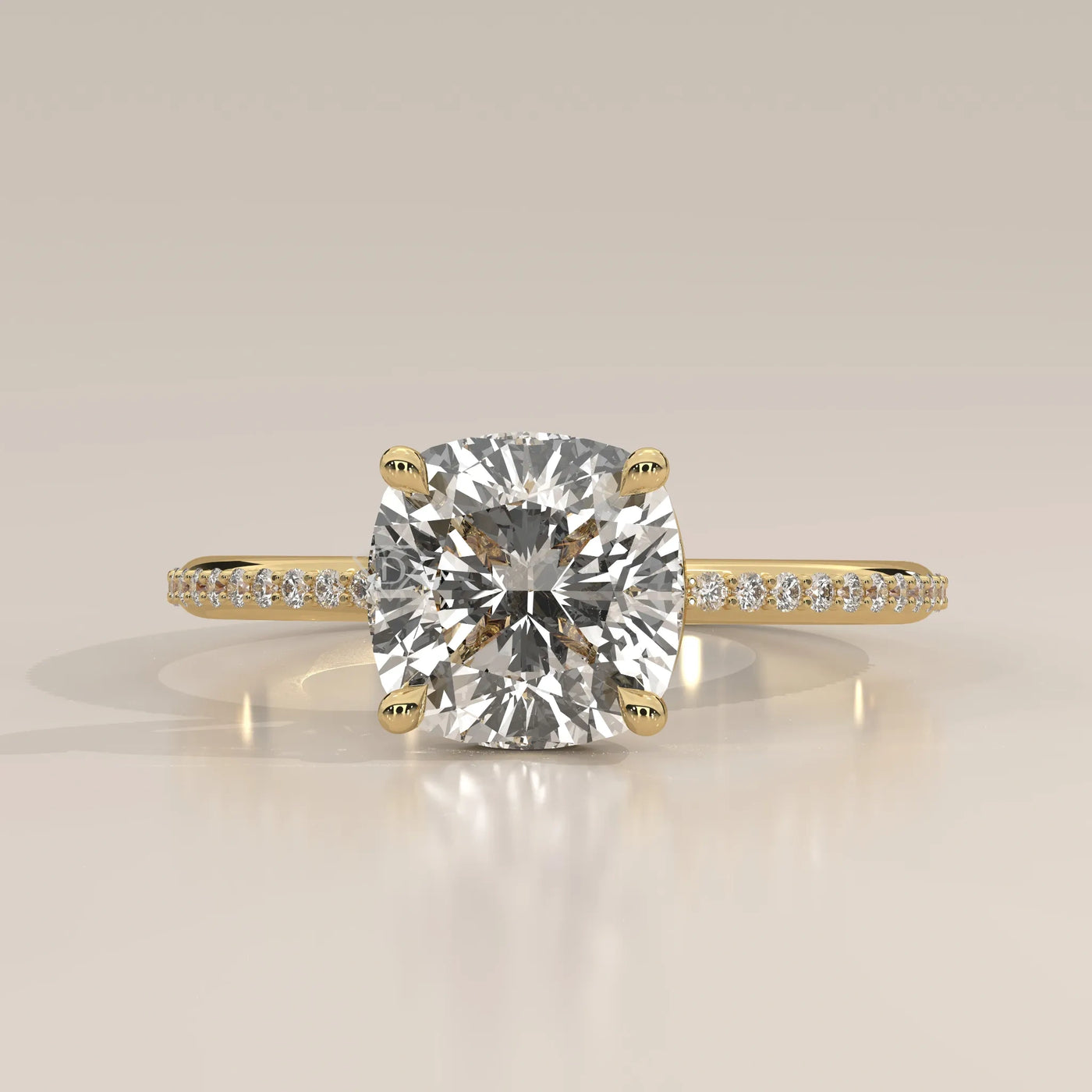Square Cushion Solitaire Lab Grown Diamond Ring, Pave Band