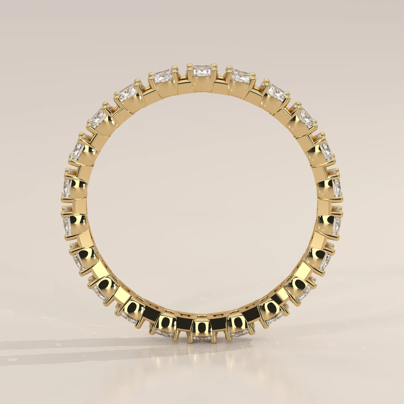 Front View: Cushion Diamond Eternity Ring with Eternity Setting in Yellow Gold – Lab Grown – Driona Jewels