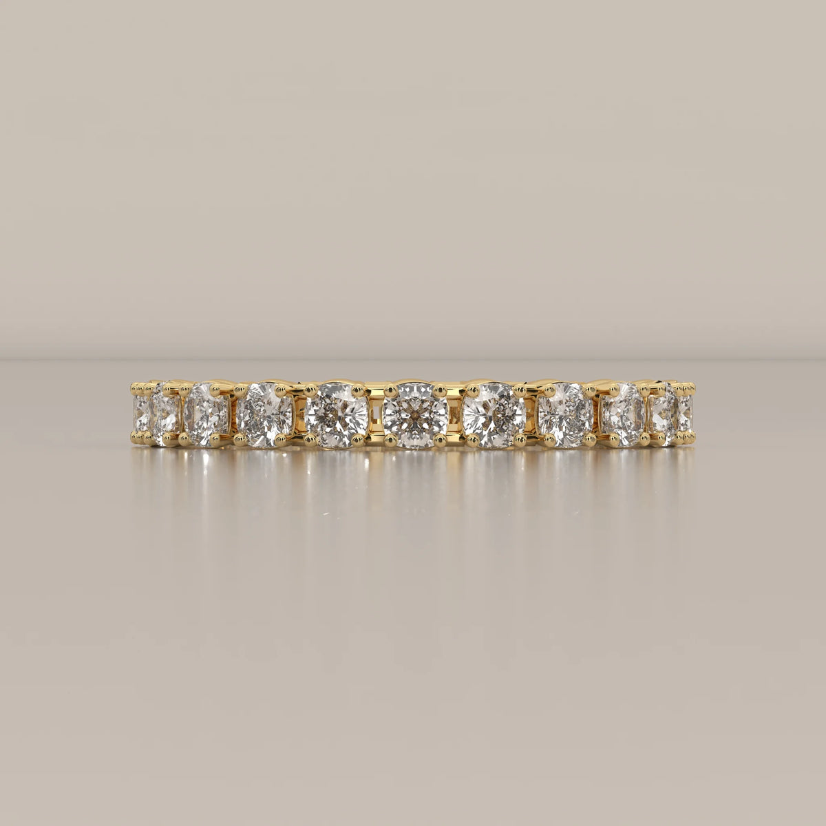 Side Profile: Cushion Diamond Eternity Ring with Eternity Setting in Yellow Gold – Lab Grown – Driona Jewels