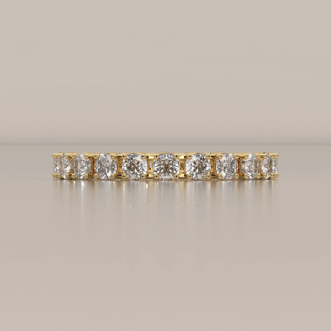 Side Profile: Cushion Diamond Eternity Ring with Eternity Setting in Yellow Gold – Lab Grown – Driona Jewels