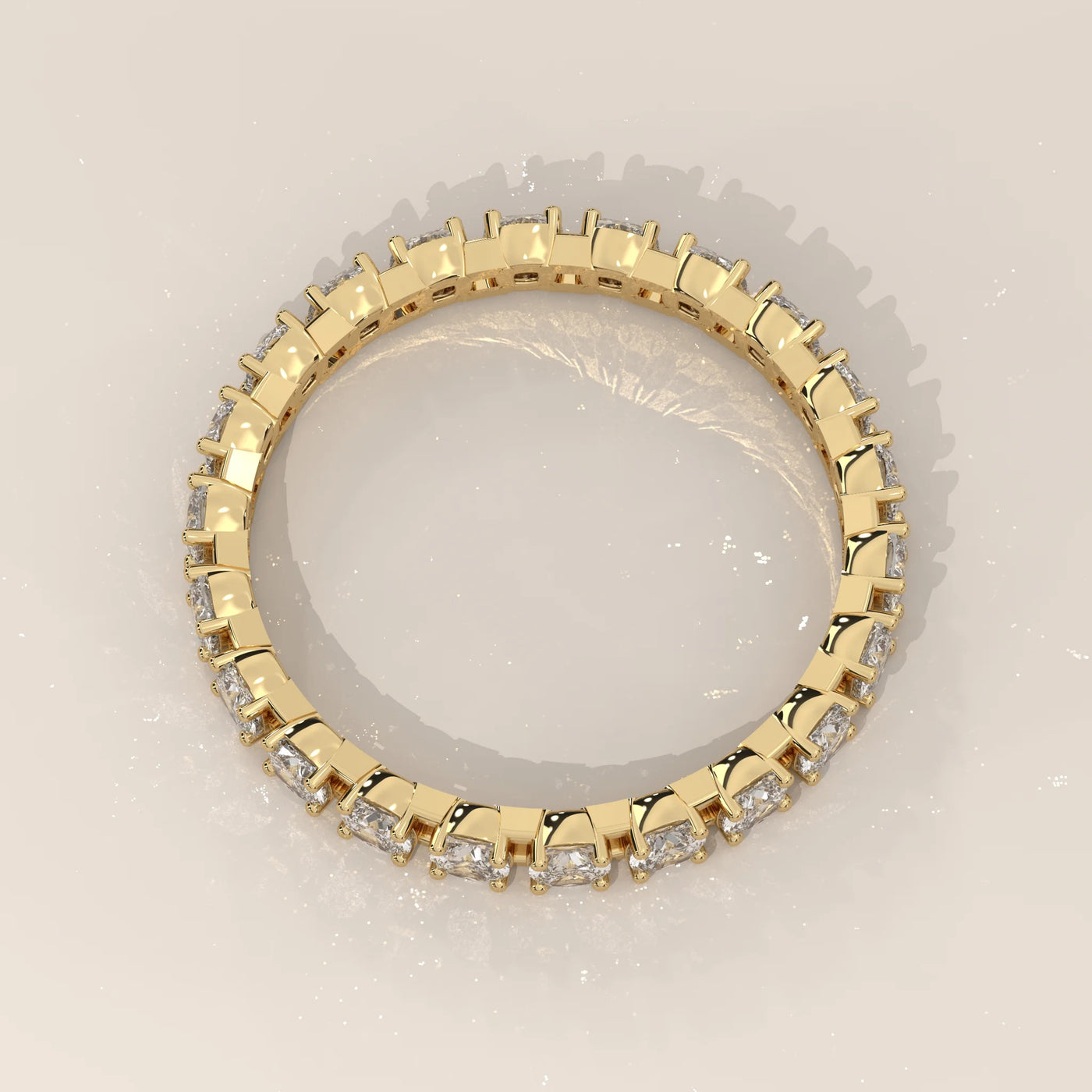 Top View: Cushion Diamond Eternity Ring with Eternity Setting in Yellow Gold – Lab Grown – Driona Jewels