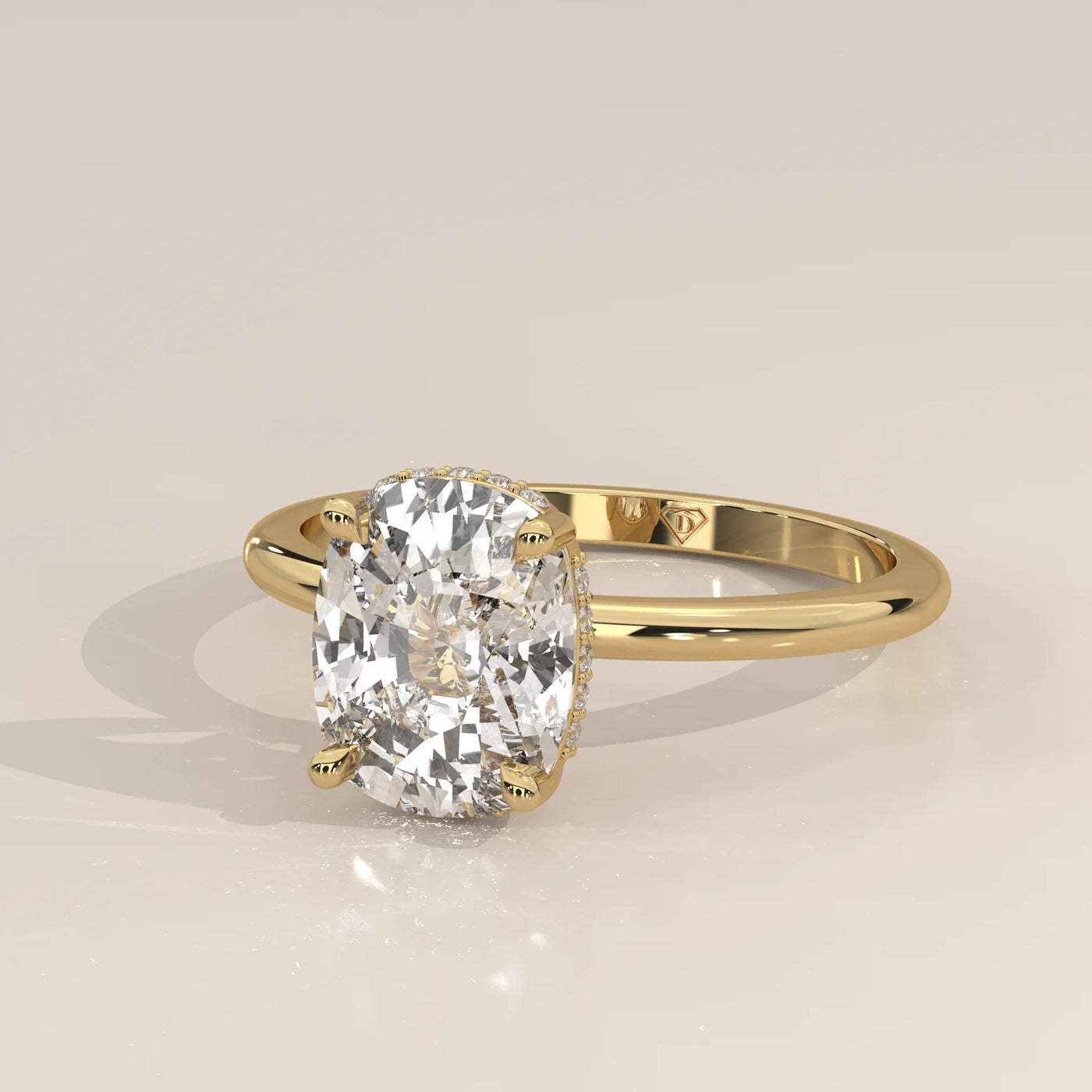 A stunning 14k gold ring with a large cushion-cut diamond, accented by tiny gems.