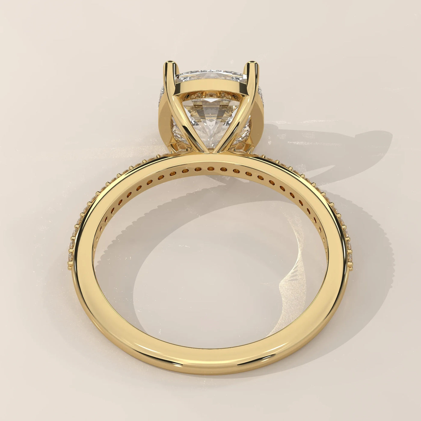 Square Cushion Solitaire Lab Grown Diamond Ring, Pave Band