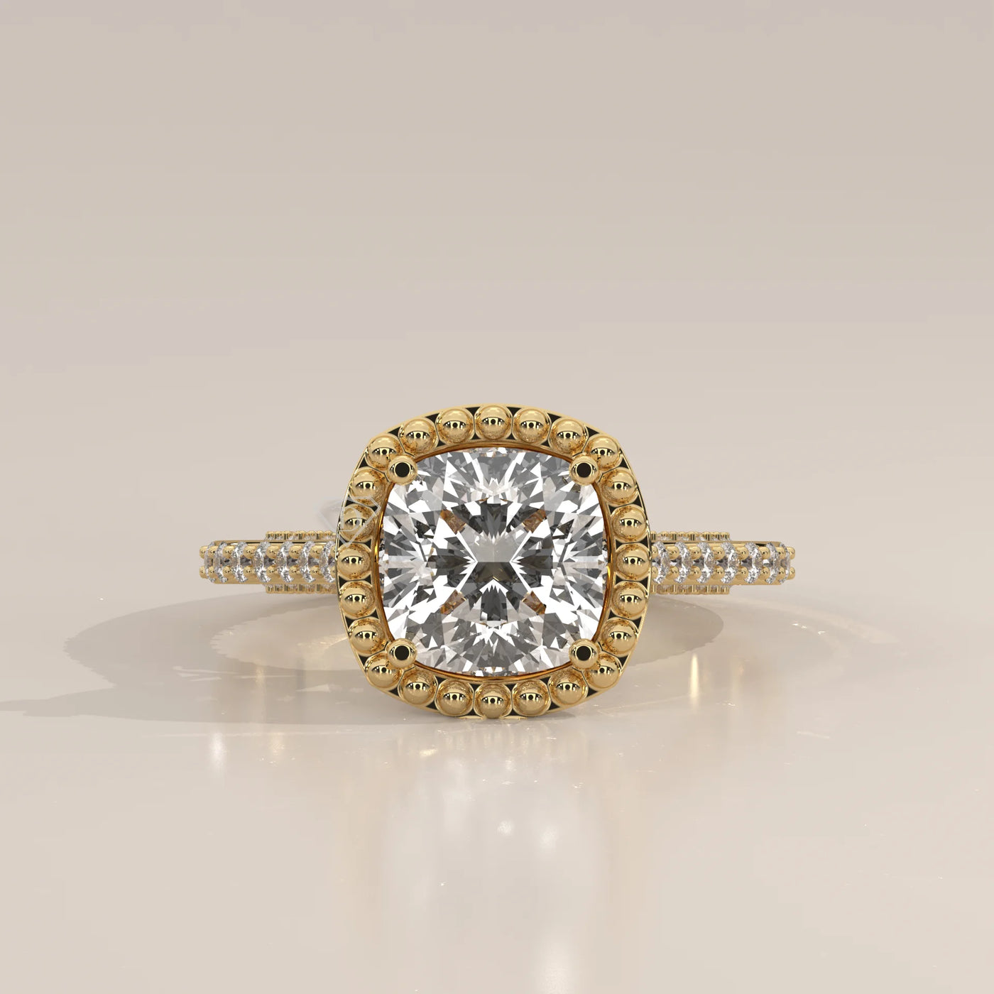 14k yellow gold ring with a cushion cut diamond halo.