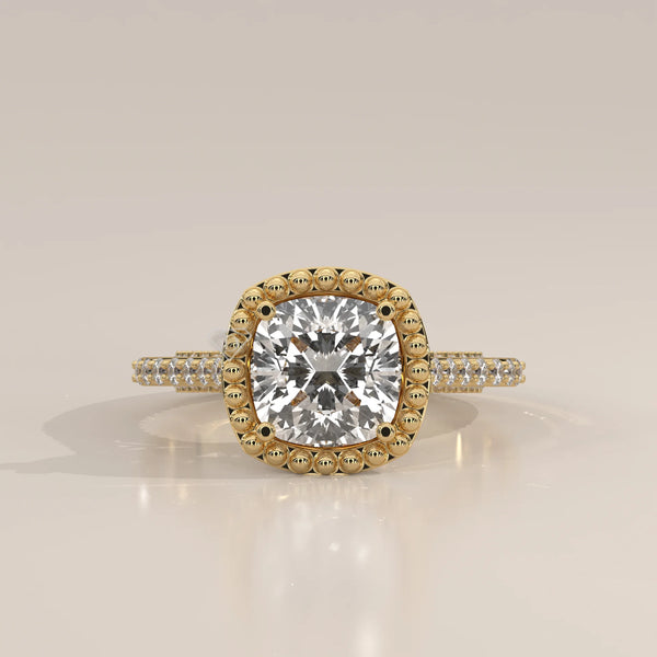 14k yellow gold ring with a cushion cut diamond halo.