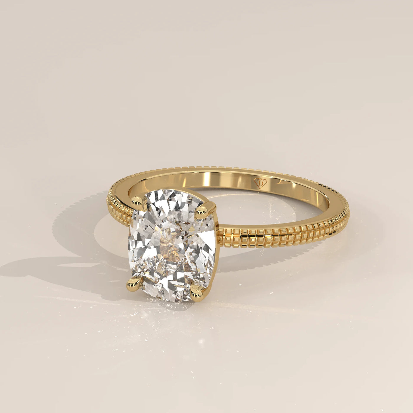 Yellow gold engagement ring with a large cushion-cut diamond.