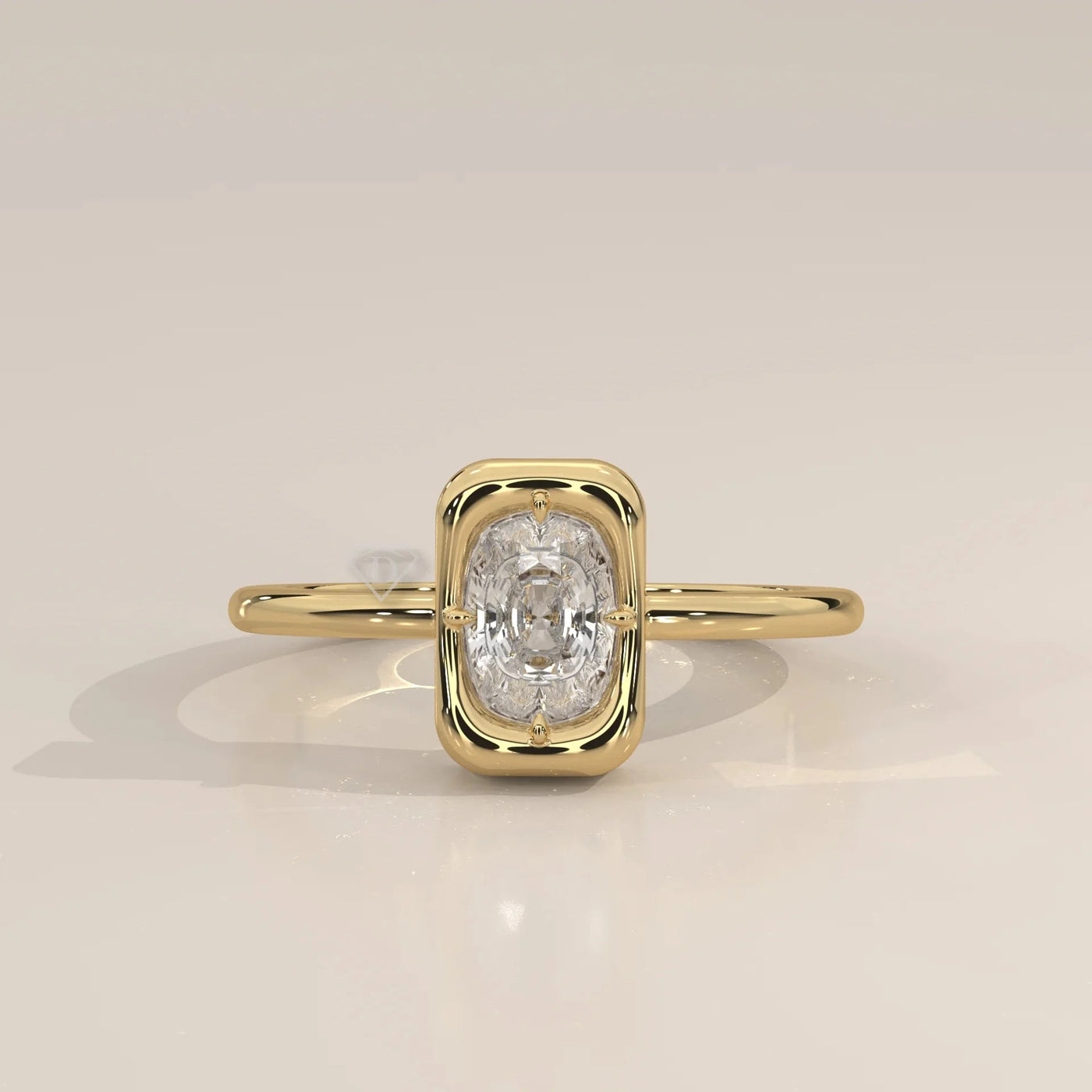 Front View: Cushion Diamond Ring with Prong Setting in Yellow Gold – Lab Grown – Driona Jewels