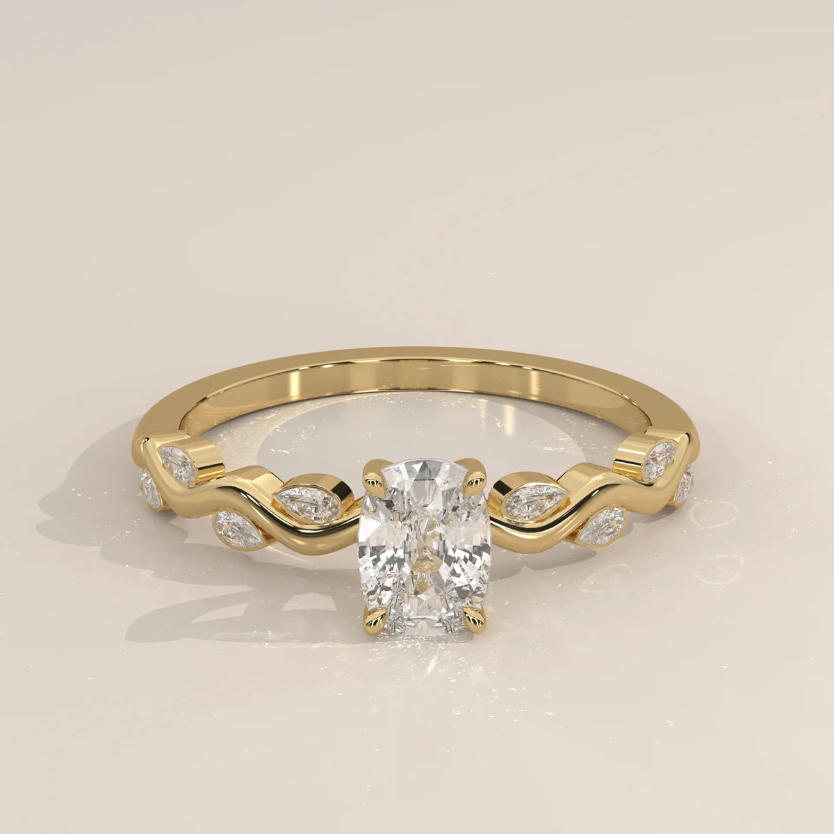 Front View: Cushion Diamond Ring with Prong Setting in Yellow Gold – Lab Grown – Driona Jewels