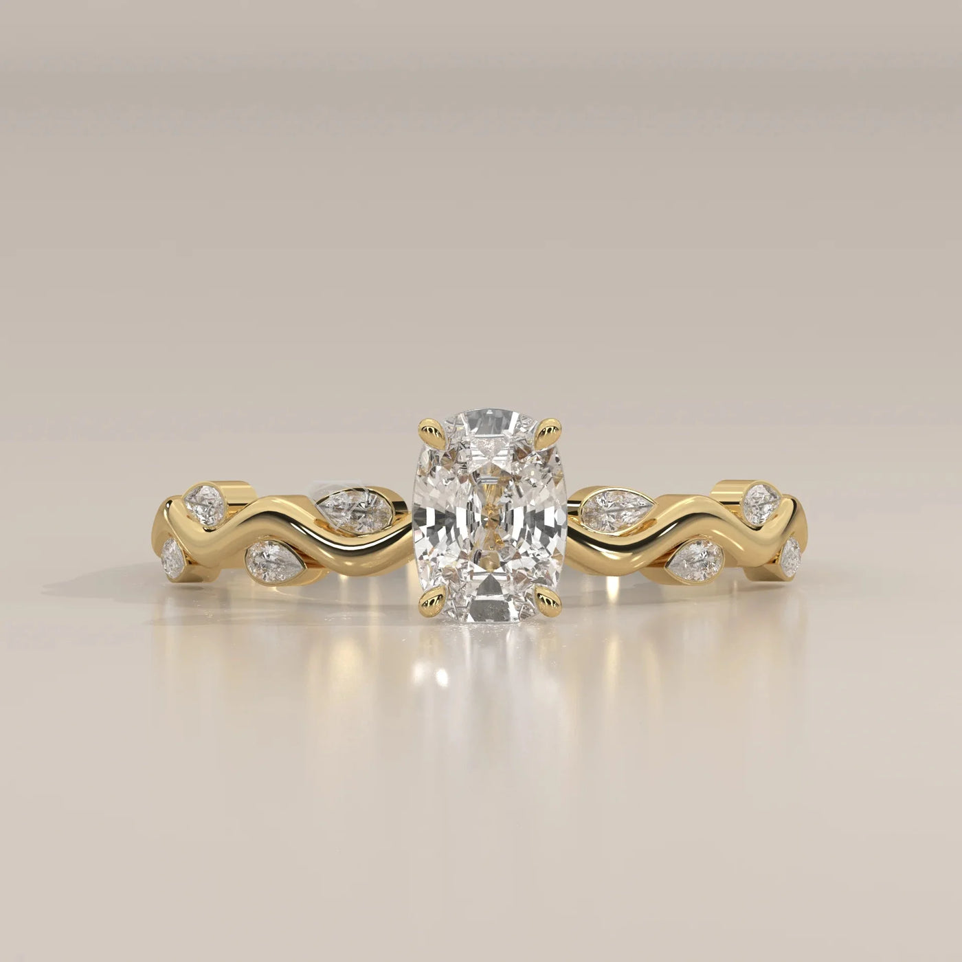 Front View: Cushion Diamond Ring with Prong Setting in Yellow Gold – Lab Grown – Driona Jewels