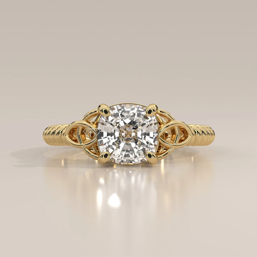 Side Profile: Cushion Diamond Band Ring with Solitaire Setting in Yellow Gold – Lab Grown – Driona Jewels