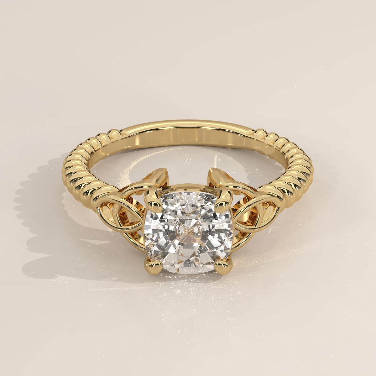 Three-Quarter View: Cushion Diamond Band Ring with Solitaire Setting in Yellow Gold – Lab Grown – Driona Jewels