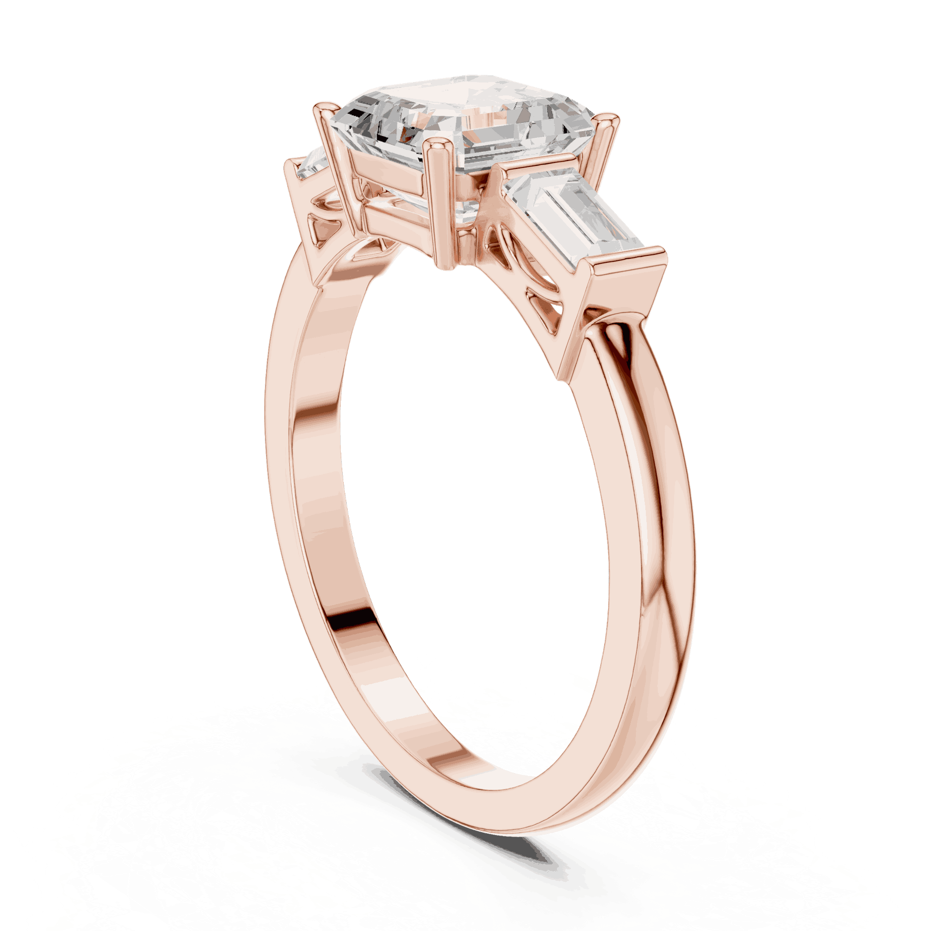 Cushion Diamond Three Stone Baguette Engagement Ring Rose Gold 18K | Lab Grown | Driona Jewels