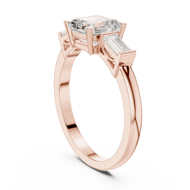 Cushion Diamond Three Stone Baguette Engagement Ring Rose Gold 18K | Lab Grown | Driona Jewels