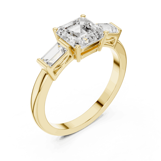 Cushion Diamond Three Stone Baguette Engagement Ring Rose Gold 18K | Lab Grown | Driona Jewels