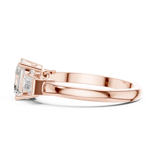 Cushion Diamond Three Stone Baguette Engagement Ring Rose Gold 18K | Lab Grown | Driona Jewels