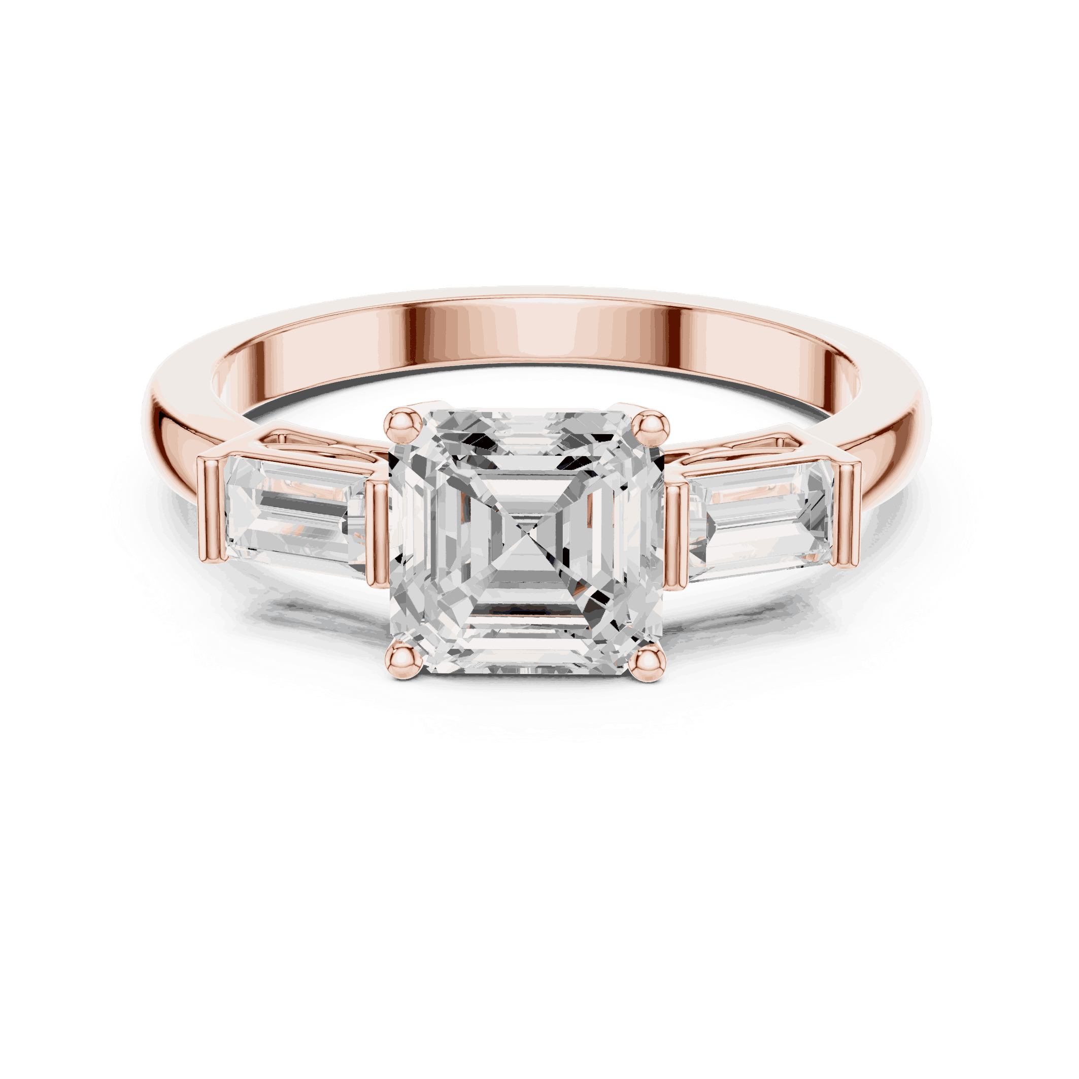 Cushion Diamond Three Stone Baguette Engagement Ring Rose Gold 18K | Lab Grown | Driona Jewels